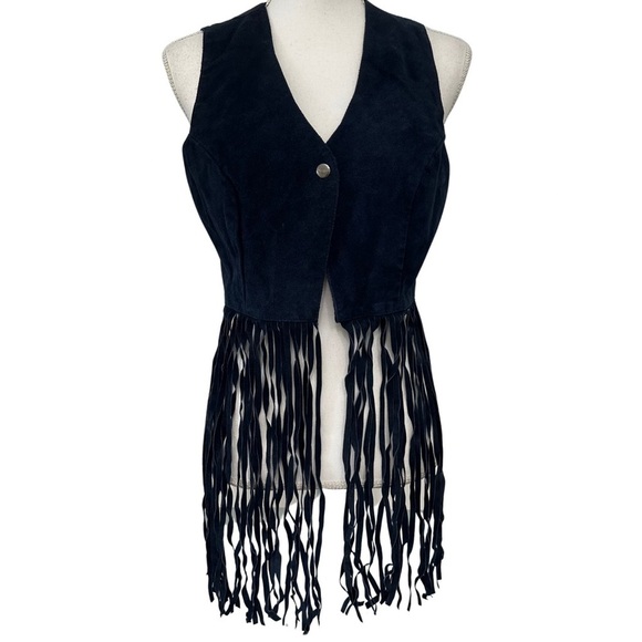 Y2k Suede Fringe Vest Cropped SZ Large Navy Blue Western Boho Festival EUC - Picture 1 of 7